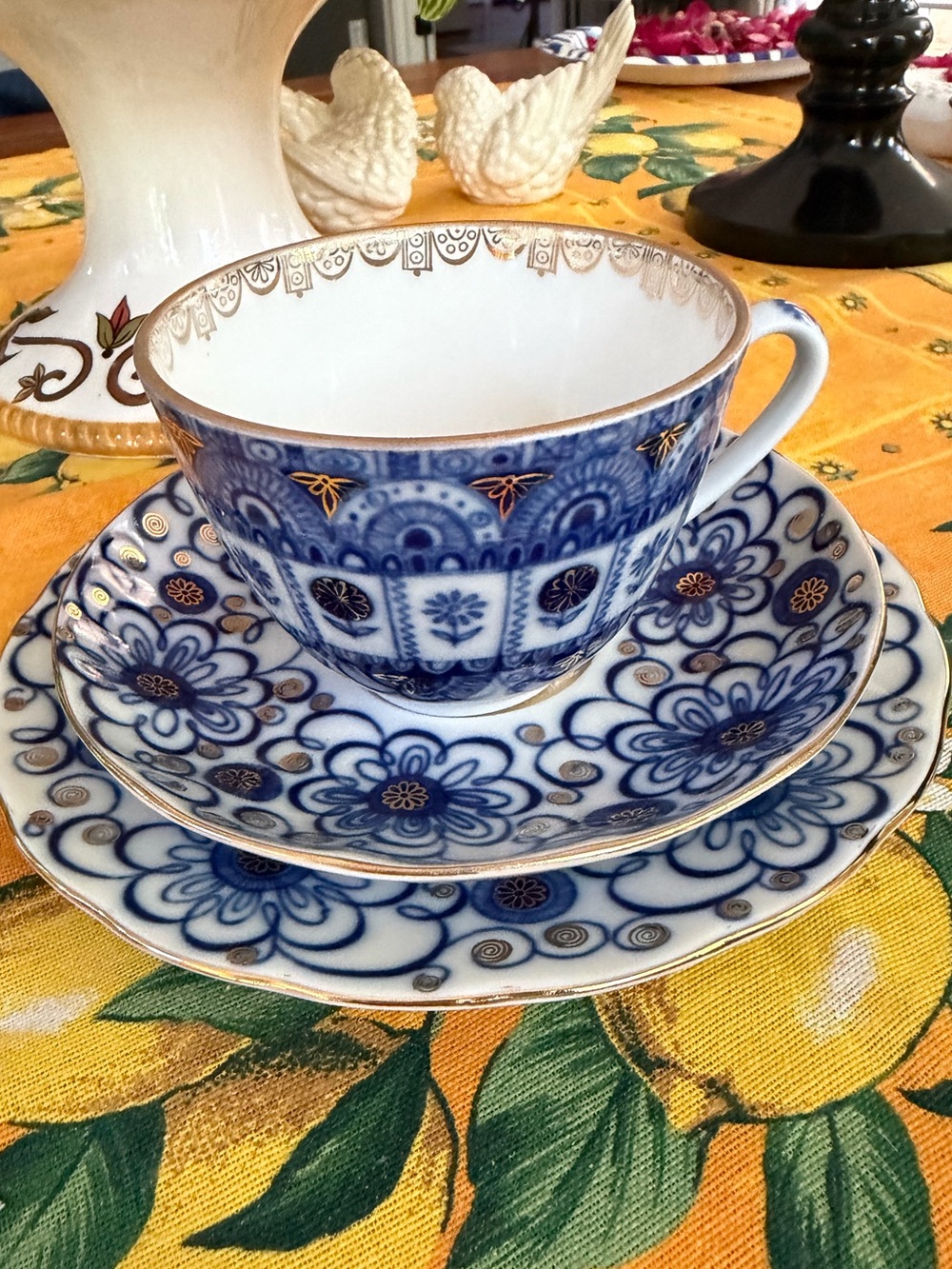 Lomonosov Russian Imperial Porcelain Tea Set 3pc Tulip Bindweed in VGUC Vintage